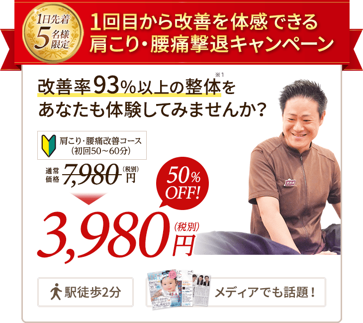和光市で肩こりや腰痛にお悩みの方のために整体&姿勢矯正コースをキャンペーン価格でご提供