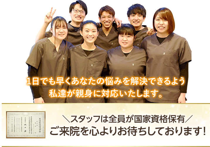スタッフは全員が柔道整復師をはじめとした国家資格の保有者です